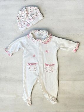 Kissy Kissy White One-Piece Footie with Pink Floral Trim and Matching Hat